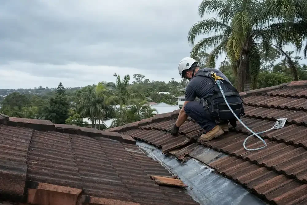 Repair work on a tiled roof valley